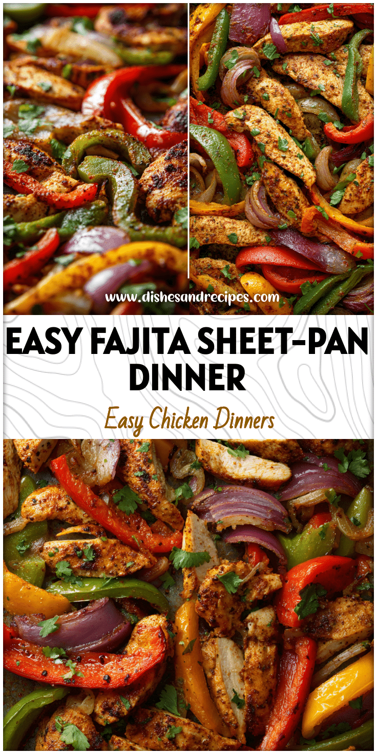 Top view of a colorful Fajita Pan Sheet with grilled chicken, peppers, and onions for a Sheetpan Fajitas Chicken dinner.